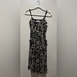Loft Women’s Black and Cream Floral Sleeveless Midi Dress Elegant Sz XS Pockets